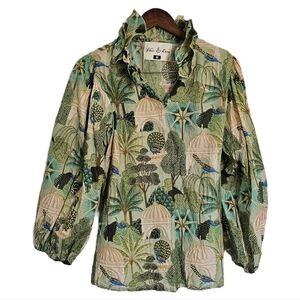 Fox & Hen peacock garden floral print puff sleeve ruffle neck button blouse top